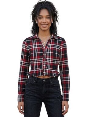 Derek Heart Red Black Plaid Cropped Button Down Shirt S Y2K Ruffle Hem